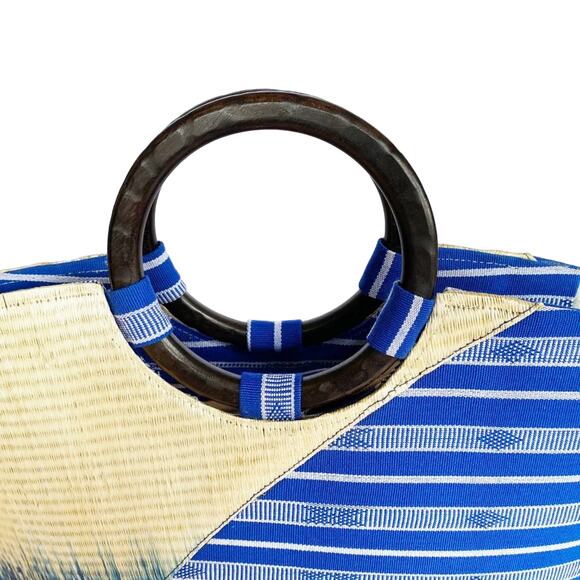 NWOT Blue Handmade Handwoven Fabric Straw Double Wooden Handle Tote Handbag - Picture 6 of 7